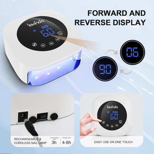 Lavinda UV LED Nail Lamp, Cordless Nail Lamp 54W Rechargeable Nail Dryer Gel Polish Light with Large LCD Display, Professional Gel Curing Lamp with 4 Timer Setting Auto Sensor for Salon and Home