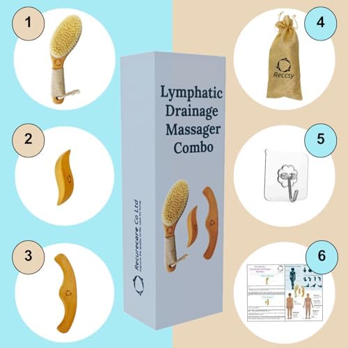 Dry Brushing Body Brush for Lymphatic Drainage-Vegan Dry Brush with Contoured Non-Slip Handle +Wood Therapy Massage Tools. Maderoterapia Kit, Gua Sha, Anti-Cellulite, Body Sculpting, Sensitive Skin