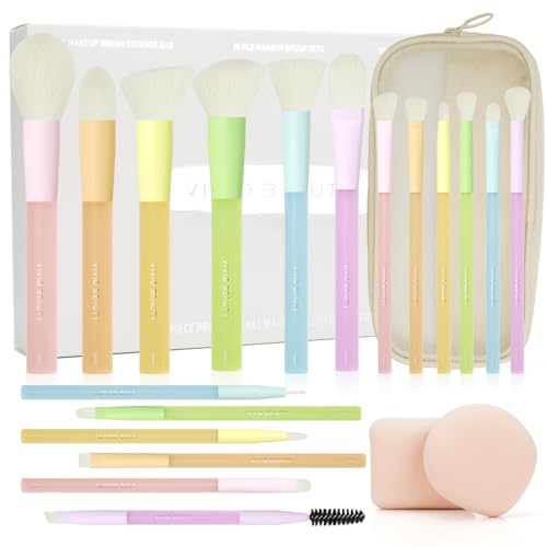 Makeup Brushes 18PCS Set – Multicolor Make Up Brush Set with Powder, Foundation, Eyeshadow Brushes, Latex Free Sponge & Bag – Soft Synthetic Bristles, Painted Aluminum Ferrules, Rubber Handles