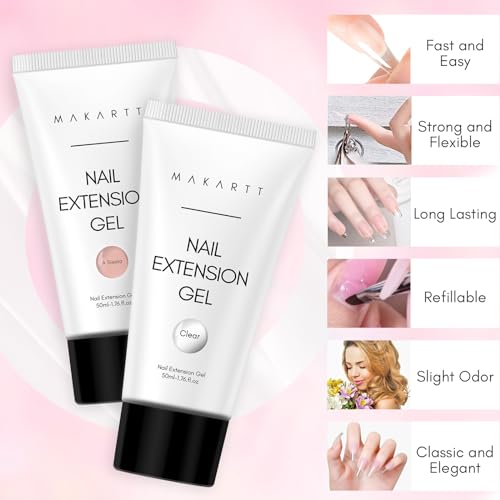 Makartt Poly Nail Gel Set Clear Nude Pink 2PCs 50ML Gel Builder for Extension Natural-Looking Nail Strengthener 3D Diy Hard Gel Manicures Home Salon