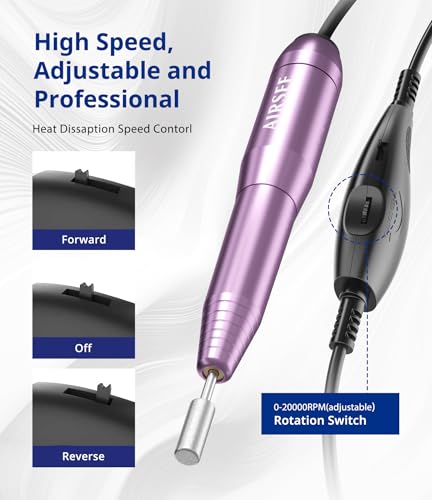 AIRSEE Home Lite Portable Electric Nail Drill Machine with adapter for Beginners, EFile for Acrylic Gel Nails and Manicure Pedicure Polishing Shape, Electric Nail File Kit for Home, Purple