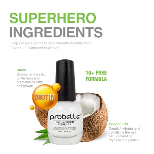 Probelle Nail Hardener Formula 1 - Repair Damaged Nails, Extra Strong Nail Growth Base Coat For Brittle Nails, Grows and Strengthens Soft, Weak Nails, Aids Splitting, Breaking, Peeling Nails