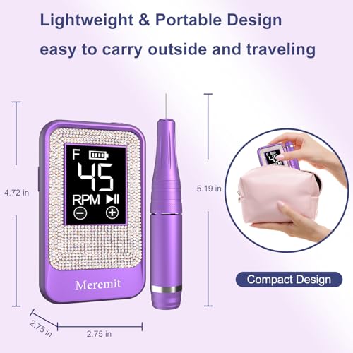 Professional Nail Drill Cordless 45000 RPM, Meremit Electric Nail File with Diamond Decoration, 12Pcs Drill Bits, Large LCD Screen, Rechargeable Electric Nail Machine Drill for Acrylic Gel Nail Polish