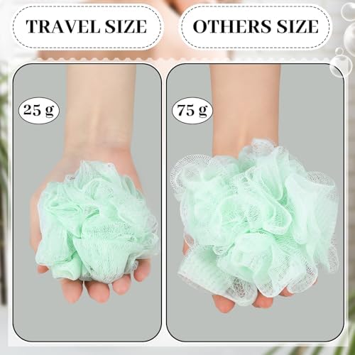 12 Pcs Travel Size Loofah Individually Wrapped, Small Shower Puff Bath Sponge Pouf Ball Bulk Mesh Bath Puff Mini Loofah Sponge with Case Bulk for Shower Care (25g,Colorful)