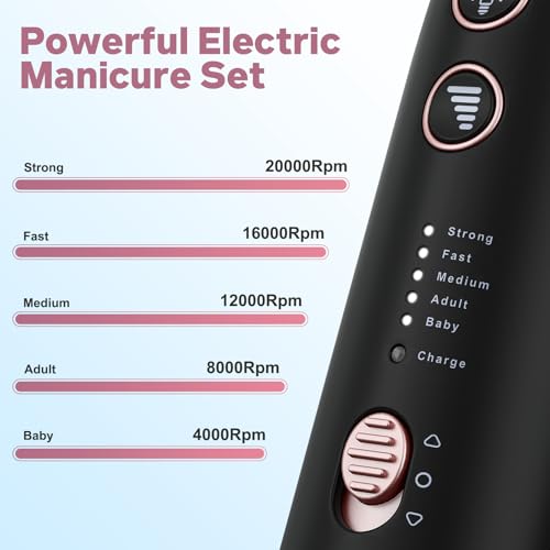 AOMEES Electric Nail File Kit, Rechargeable Professional Manicure Pedicure Kit, 5 Speeds Hand Foot Care Tool for Nail Grind Trim Polish - with 100Pcs Fine Grit Nail File Sanding Tape