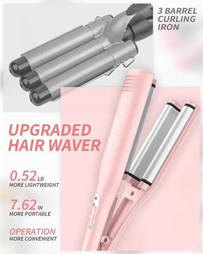 Hair Crimper, Professional 1/2 Inch Curling Iron, 3 Ceramic Barrels Hair Waver with Small Negative Ions, Dual Voltage for Home and Travel