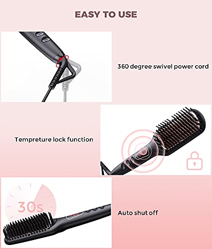 MEGAWISE Pro Ceramic Ionic Hair Straightener Brush for Home Salon | MCH Fast 20s Heating Tech with Auto-Off Safety | Anti-Scald with Universal Dual Voltage | Rotatable Power Cord