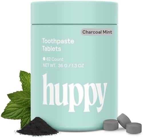 HUPPY Toothpaste Tablets, Nano Hydroxyapatite - Natural Whitening, Fluoride Free and Remineralizing - Travel Tabs, Charcoal Flavor, 62 Count