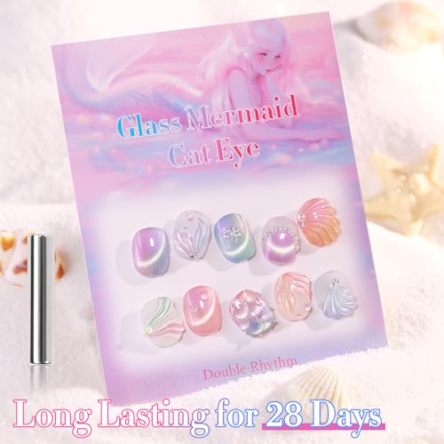 Double Rhythm Cat Eye Gel Nail Polish Set of 6 Same Color Same Bottle 0.5 Oz Shimmer Glitter with Magnet Holographic Reflective Magnetic UV Nail Polish Kit at Home (Mermaid Pink Rose-T6-31)