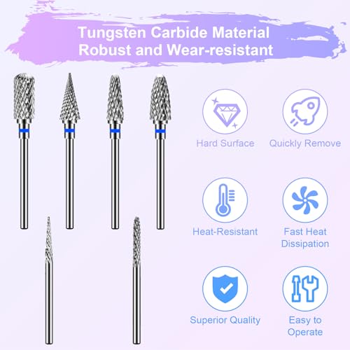 6 Pack Nail Drill Bits for Acrylic Nails, 3/32" Shank Drill Bits for Nails Professional Electric Cuticle Drill Bit, Cuticle Cleaner Nail Gel Polish Remover Tool for Home Salon Nail Bits-Blue