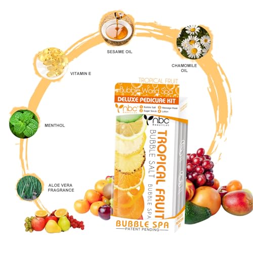 Pedicure Kit Foot Soak Set: Bubble Salt, Sugar Scrub, Massage Mask, Massage Lotion in a Box, 4 Step Foot Spa Kit for Dry Feet,Tired Feet（3 Set Tropical Fruit)