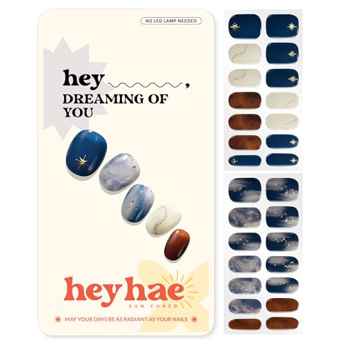 Semi Cured Gel Nail Strips | No LED Lamp Needed | Marble, Blue, Spring | Easy Apply & Remove, Salon Quality | Includes 28 Strips, 1 Prep Pads, Nail File & Wooden stick - Hey, Dreaming of You