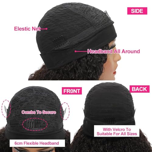 Kinky Curly Headband Wig Human Hair 20 Inch Headband Wigs for Women Human Hair Glueless None Lace Front Curly Wave Wigs Brazilian Virgin Hair Wear and Go Glueless Wig 150% Density Natural Black Color