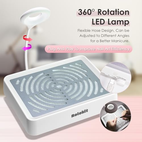 Nail Dust Collector with Lamp&50pcs Disposable Filter&Dusting Brush, Electric Nail Vacuum Cleaner Dust Fan Suction Machine for Manicure Acrylic Gel Nails Polishing, Low Noise, Salon Home