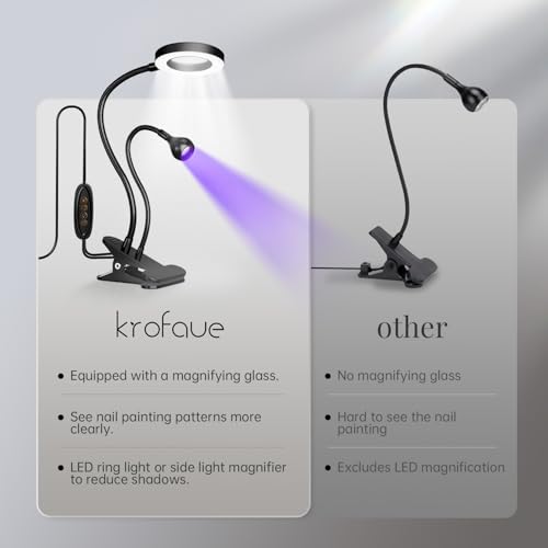 krofaue UV Nail Lamp for Gel X - Flash Cure Lamp Dual-Light Gel X UV Light with 6× Magnifier 4-Levels Brightness Nail Dryer for Regular Polish, Desk Clip Salon-Perfect Manicures at Home Black