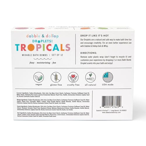 Dabble & Dollop Bath Bombs, 100% Natural Bath Bombs for Kids, Tropical Scents - USA Made, Moisturizing & Fun Droplets, Paraben & Sulfate Free, Vegan, Gluten-Free (Set of 12)