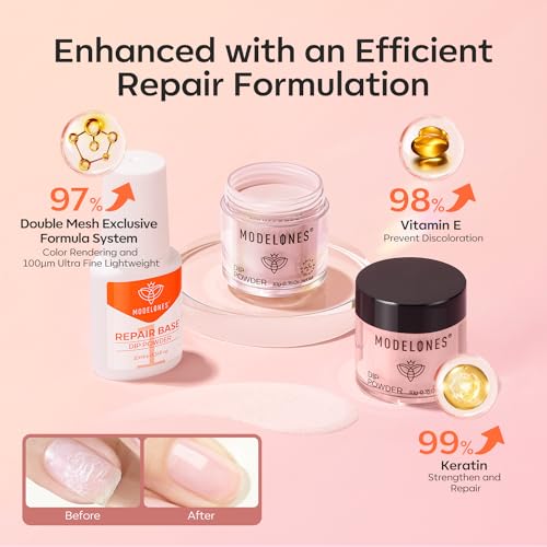 Modelones Dip Powder Nail Kit, 4 Colors Nude Pink Glitter Dipping Starter Set with Liquid and Complete Accessories for French Nails Art Salon DIY at Home Manicure