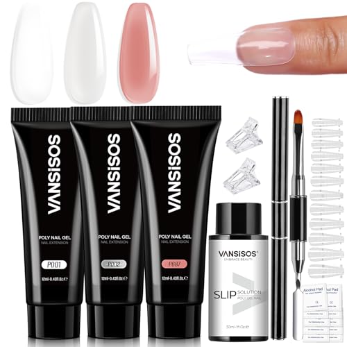 Poly Gel Nail Kit: Clear White Nude Pink Polygel Kit with Slip Solution Dual-Ended Nail Brush Nail Forms Nail Clips for Poly Gel Extension Starter DIY Set Home