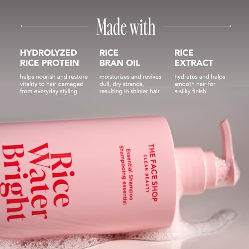THE FACE SHOP Rice Water Bright Essential Shampoo, Rice Protein Hair Care for Strengthening Dry & Damaged Hair, Korean Shampoo, Hair Growth, Anti-Frizz, Anti-Hair Loss, Breakage Control, Sulfate Free