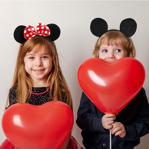 Lucky Will 20 Pack Mouse Ears Headband Classic Solid Black and Red Bow Ears Headbands Bulk for Kids and Adults - Boys & Girls Mouse Themed Birthday Party Supplies