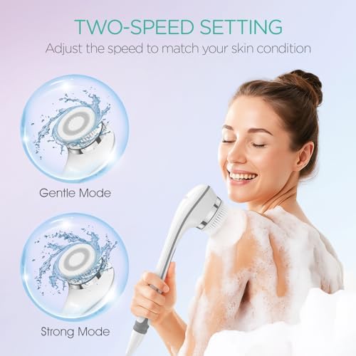 VOYOR Electric Body Brush Back Scrubber for Shower Rechargeable Exfoliating Bath Brush Powered Shower Brush with Non-Slip Long Handle Deep Cleansing, Exfoliation, Massaging Spin Brush BC100 (Gery)