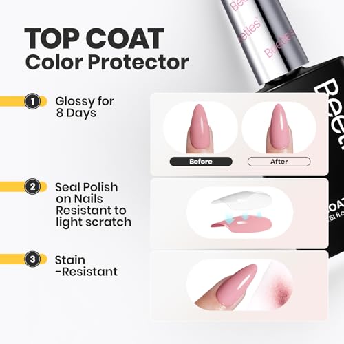 Beetles 2Pcs 15ml Nail Polish Top Coat and Base Coat Set, Fast Drying & Long Lasting Shine Clear Nail Polish, 3 IN 1 Protects Nails, Enhances Glossy and Nourishes Nails