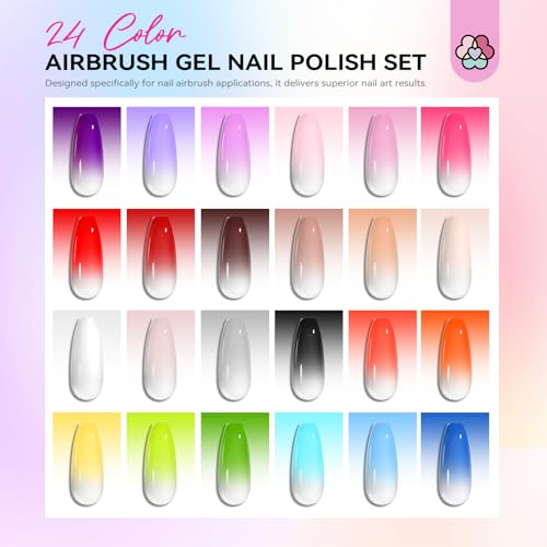 SAVILAND Airbrush Gel Nail Polish: Dilution-Free 24 Colors Airbrush for Nails Non-Acetone for Gradients Nails Blush Nails Layered Nail Art Various Pattern High Color Saturation for Home Salon Kit