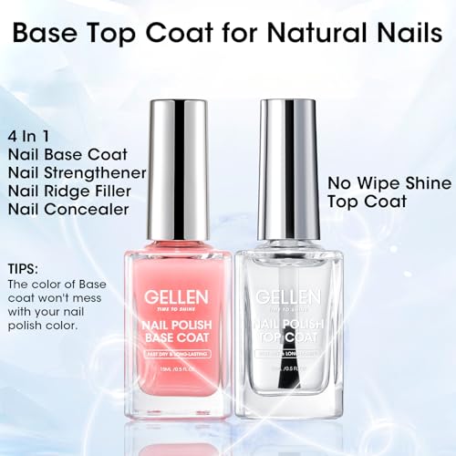 GELLEN Clear Nail Polish Base Top Coat, Sheer Pink Tinted Base Coat & Shine No Wipe Top Coat for Strengthening Thin Damaged Natural Nails, Quick Dry Regular Nail Polish No UV Gel, Hema Free, Non-toxic