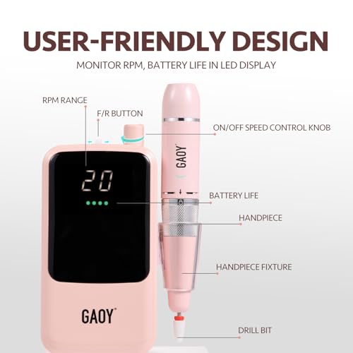 GAOY Rechargeable Cordless Nail Drill for Beginners, Electric Nail File with 12 Drill Bits and Sanding Band Set for Acrylic and Gel, Pink