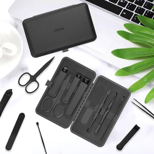Precision 8 Pieces Men’s Nail Grooming Travel Kit, Stainless Steel Manicure Set with Fingernail & Toenail Clippers, Nail File, Slant Tip Tweezers, Cuticle Scissors, Cuticle Pusher, Travel Case