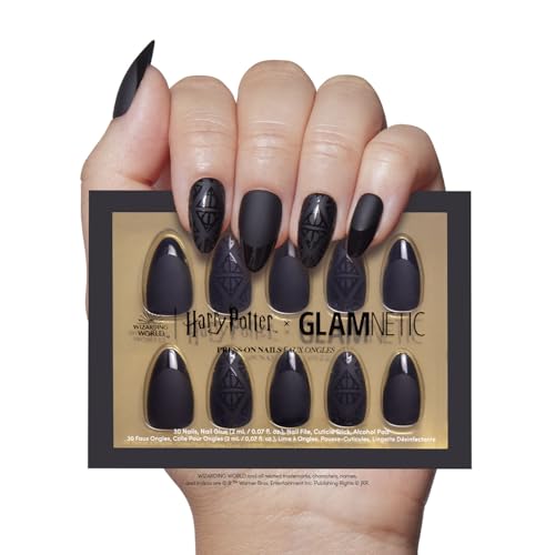 Harry Potter™ x Glamnetic Press On Nails - Deathly Hallows™ | Black Harry Potter™ Graphic Short Almond False Nails, Reusable Stick On Fake Nails with Glue | Salon Quality | 15 Sizes - 30 Nail Kit