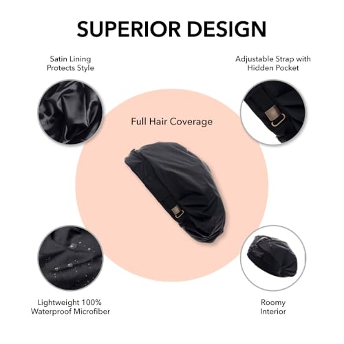 Hairbrella Luxurious Satin-Lined Adjustable Shower Cap For Women, 100% Waterproof, Reusable, Washable, Breathable, No Plastic (Black)