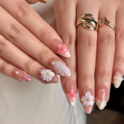 Medium - Luxury Medium Almond 3D False Nails Women Reusable ABS Material Finger Printed Nail Tip French Salon Design Artificial Fingernail-M-size