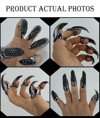 10 Pcs Halloween Costume Claws Fake Nails Ring Set, Bestga Gothic Punk 3 Sizes Crystal Full Finger Rings Paved Paw Bend Fingertip Fingernail Claw Girls Women Men Ring False Easy Long Nails (Black)