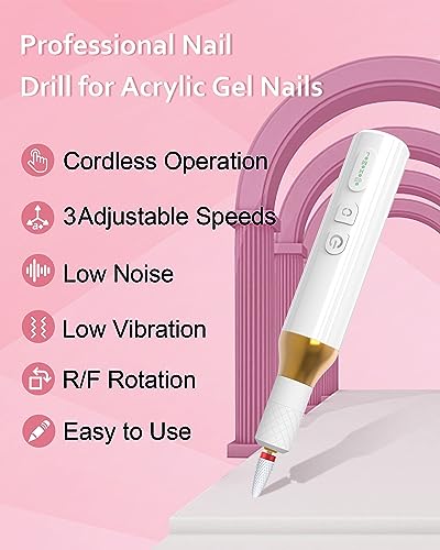 Nail Drill,Cordless Electric Files for Gel Nails E-File Manicure Kit Women Rechargeable Drill para Uñas Profesional Machine Grinder Acrylic White (M918)
