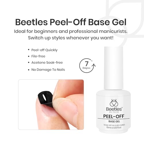 Beetles Peel Off Base Coat and Top Coat Gel Nail Polish Set, 2Pcs 15ml Peelable Base Gel and Top Coat Easy Removal, UV LED Lamp Peel off Nail Polish without Damage for Beginners Weak Thin Nails