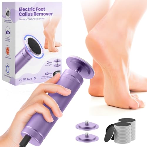 Electric Foot Callus Remover, 4.7” Callus Remover for Feet with 60Pcs Sandpaper Discs, Foot Scrubber, Professional Stepless Speed Control Pedicure Tools for Dead Skin Calluses, Purple