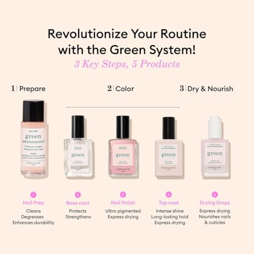Manucurist System Green Pink (Hortencia) - Professional Manicure Set, Vegan & Plant-Based : 1 Nail Prep, 1 Base Coat, 1 Pink Nail Polish, 1 Top Coat, Drying Drops - No Lamp - Beauty Gift For Woman