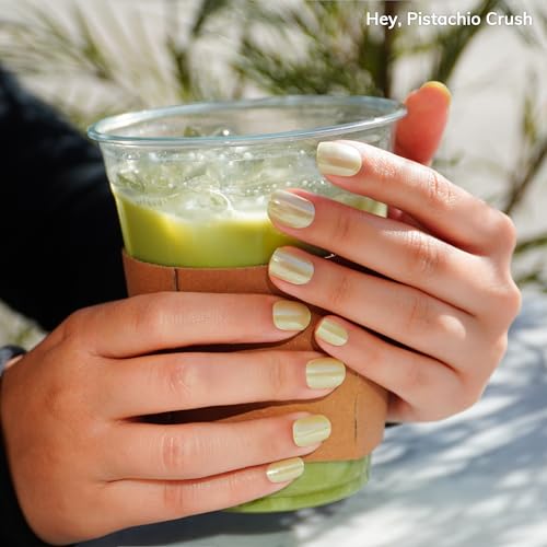 Semi Cured Gel Nail Strips | No LED Lamp Needed | Summer, Chrome, Green | Easy Apply & Remove, Salon Quality | Includes 28 Strips, 1 Prep Pads, Nail File & Wooden stick - Hey, Pistachio Crush