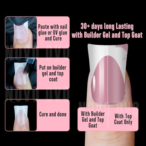 French Tip Short Duck Nail Tips Press on, Pre-designed Soft Gel Nail Extension, BERRY PINK Pre-applied Tip Primer & Base Coat, Full Cover Matte Vrial False Nails for DIY x 12 Sizes 240 pcs