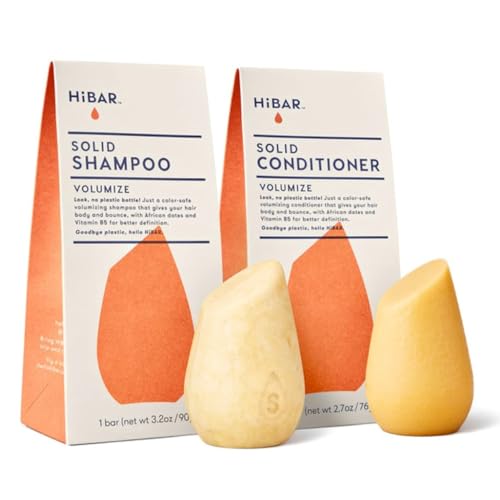 HiBAR - Volumize Shampoo & Conditioner Set - For Fine, Flat Hair - Add Body, Definition & Volume - African Dates & Vitamin B5 - Plastic, Soap, Paraben & Sulfate-Free - Color Safe & Vegan -2 Solid Bars