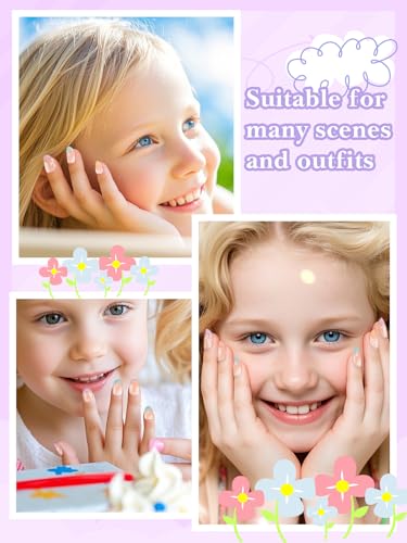 26 Pieces Press on Nails for Kids, EBANKU 1 Pack Kid Fake Nail Pink Flower Press on Nails for Girls 5-12 Years with Nail Glue