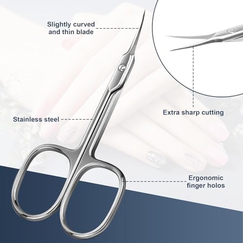 CGBE Cuticle Scissors Extra Fine Curved Blade, Super Slim Manicure Scissors for Cuticles Professional Small Scissors with Precise Pointed Tip Grooming Blades, Eyebrow, Eyelash, and Dry Skin - Silvery