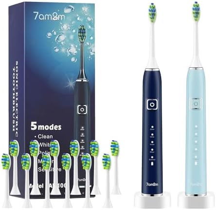 7AM2M Electric Toothbrush 2 Pack Set for Adults, 12 Replacement Brush Heads, 5 Adjustable Modes, Built-in 2-Minute Smart Timer, Fast Charge for 60 Days, IPX7 Waterproof, Navy & Light Blue