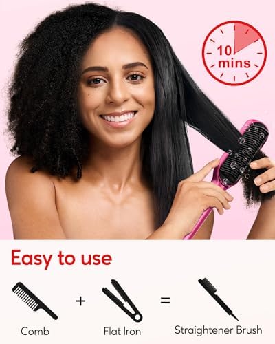Terviiix Frizz Buster Ionic Hair Straightener Brush with MCH Heater - Rapid 450°F in 20S, Hair Straightener Comb for Efficient One-Pass, Anti-Scald, 13 Heat Settings, Dual Voltage, Pink