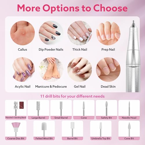 Nimmu Portable Nail Drill Professional, 45000RPM Electric Nail File for Acrylic Nail Remove Gel Polish, Rechargeable Nail Drill Machine with 11 Bits Kit for Manicure Salon Home (Pink)