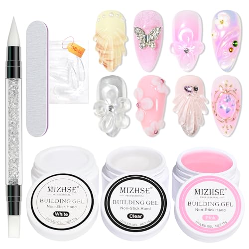 MIZHSE Solid Builder Gel for nails, 3 Colors Sculpting Gel for Nails, Clear White Pink Non-Sticky Hand 3D Nail Art Building Carving Modeling Hard Nail Extension Manicure Salon Home DIY Gift