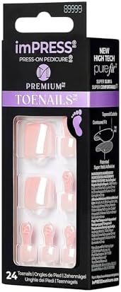 KISS imPRESS No Glue Pedi Press-On Toenails, Light Pink Nails with Pearl, Squoval Shape, Includes 24 Nails, Prep Pad, 1 Manicure Stick, 1 Mini File