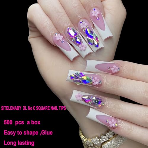 No C Curve XL Nail Tips 500PCS,Tapered Square Flattened Half Cover False Nails for Nail Salons and DIY French ABS Nail Tips(XL no c square 500pcs)