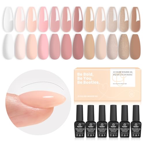 Beetles Builder Gel for Nails, 12 Pcs 7-in-1 Pink Rose Nude Gel Builder for Nails, Beige White Colors Hard Gel Builder Extension Gel, Nail Strengthener Gel, Nail Art Design Beauty Gift Sets for Women
